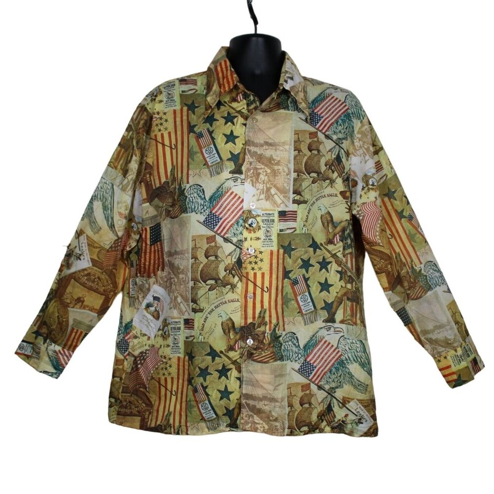 Media 70s Vtg American Republican History Long Sleeve Button Up Shirt Mens XL